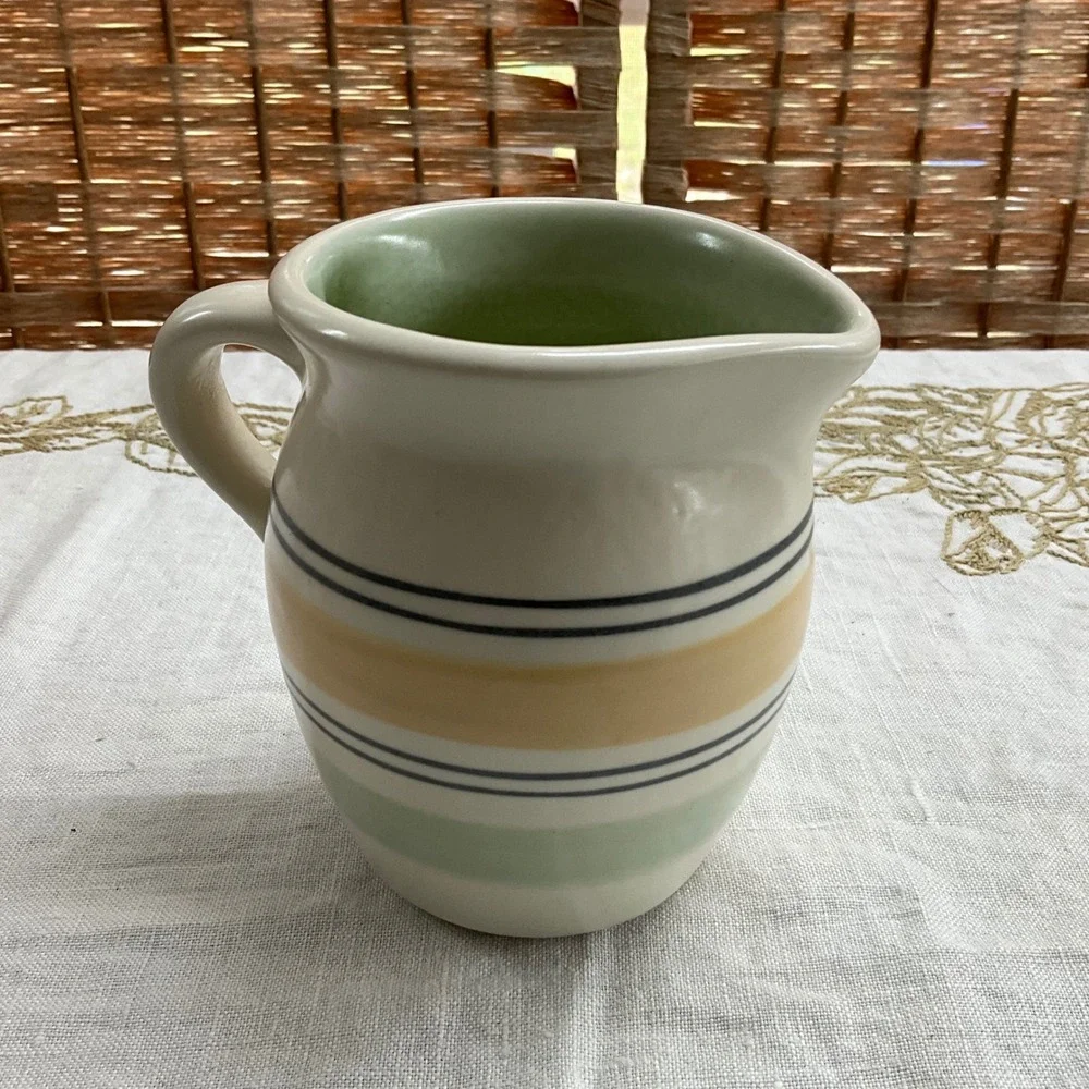Pfaltzgraff Striped‎ Stoneware Pitcher Creamer Green Yellow Blue Mexico 4.5